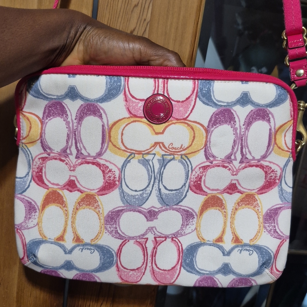 Coach Multicolor Signature Crossbody with Pink Trim